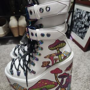 Dolls Kill White Platform Mushroom Print Lace-Up Buckle Boots